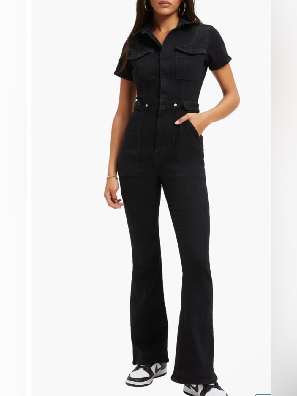 NWT Good American Black Short-Sleeve Denim Jumpsuit